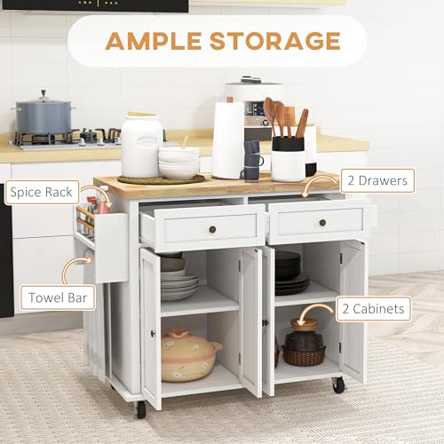 HOMCOM Kitchen Island on Wheels, Rolling Cart with Rubberwood Top, Spice Rack, Towel Rack and Drawers for Dining Room, Navy Blue
