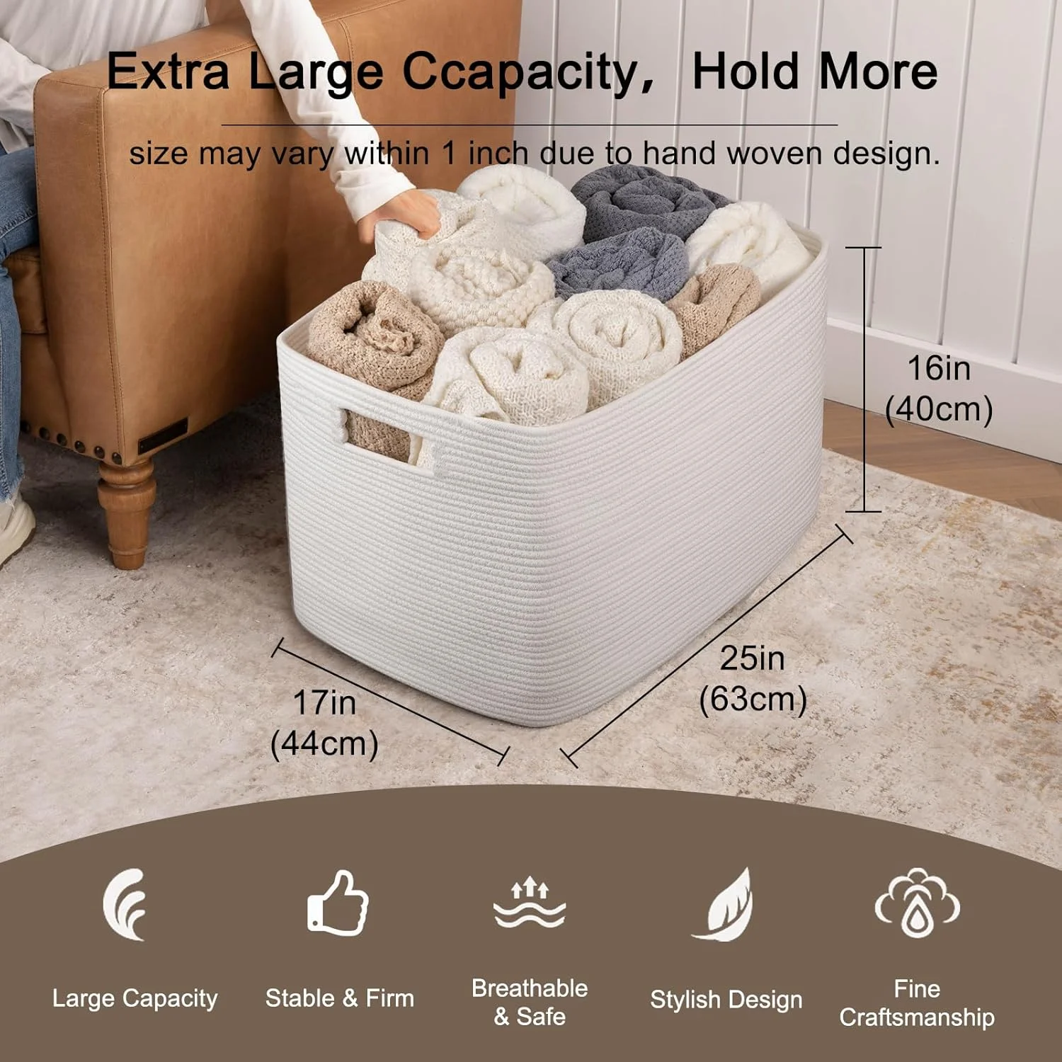 118L XXXLarge Cotton Rope Storage Basket, Oversized Blanket Basket, Used for Organizing Dirty Clothes in Living Room, Bedroom, Nursery