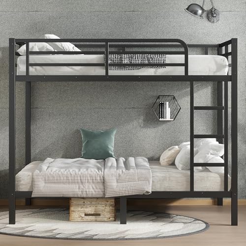Heavy Duty Bunk Bed Frame with Ladder, Twin XL Over Twin XL Bunk Beds with Safety Guardrails, Adults Bunk Beds with Noise-Reducing Rubber Stoppers