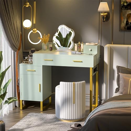 Vanity Desk with 4 Storage Drawers - Modern Makeup Vanity Table with Charging Station