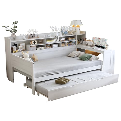 Corner Twin Bed Frame with Bookcase Storage and Desk, Wood Day Beds with 2 Drawers, Twin Size Daybed with Storage for Living Room