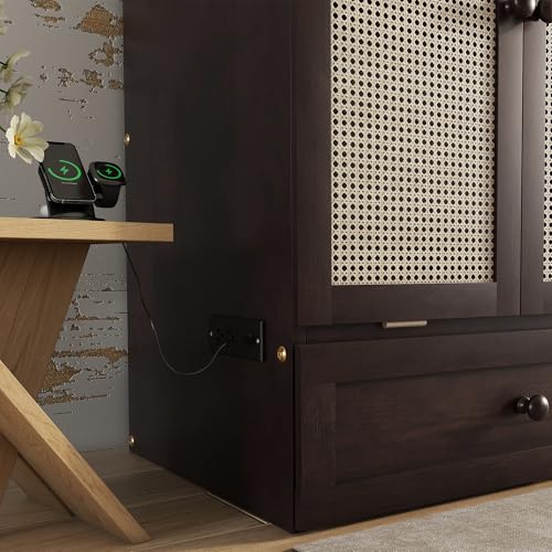 KEIKI Queen Murphy Bed Cabinet with Charging Station & Rattan Design – Space-Saving Wall Bed with Large Storage Drawer