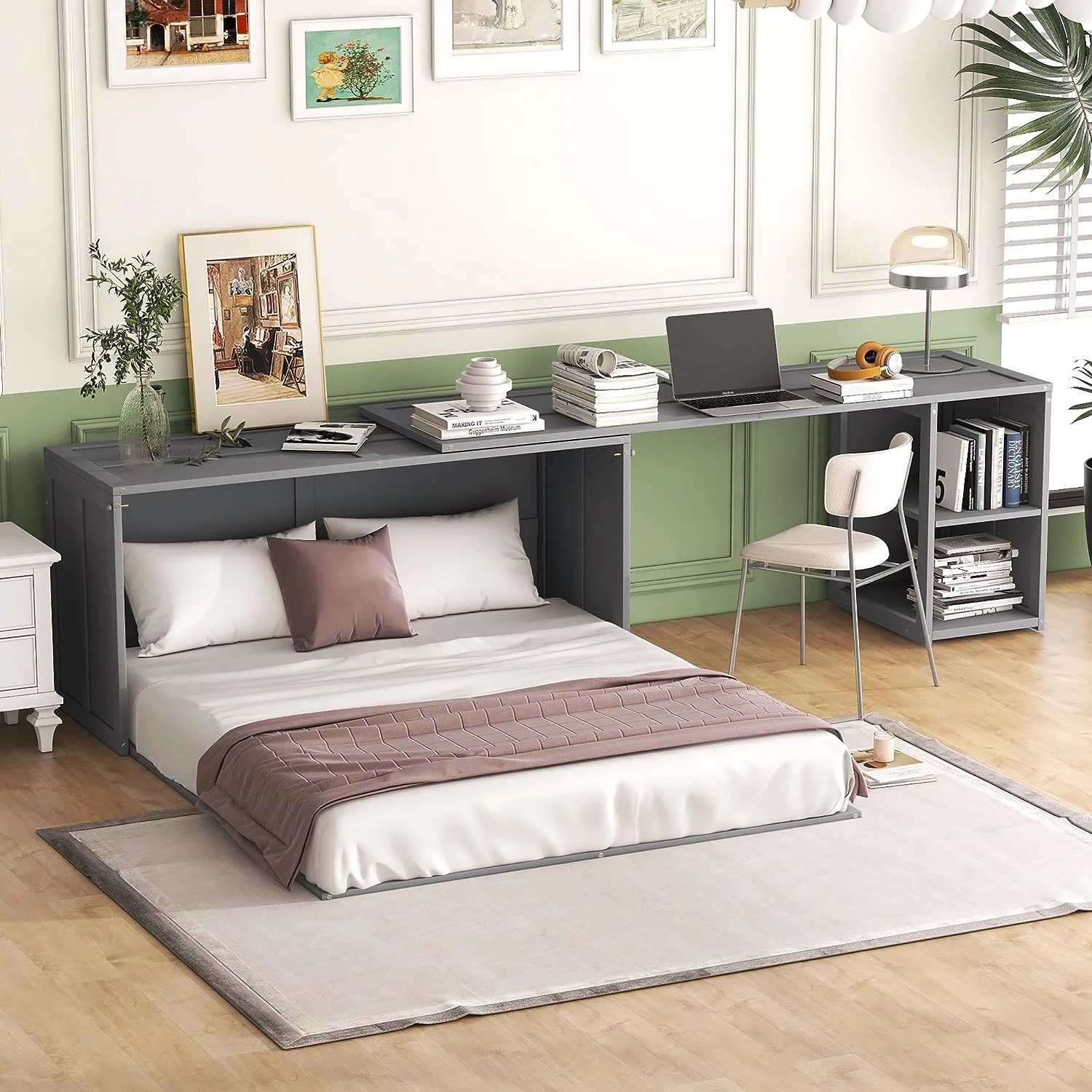 Tabaray Modern Murphy Bed with Movable Desk, Solid Wood Queen Size Foldable Platform Bed with 2 Storage for Teens Adults Bedroom