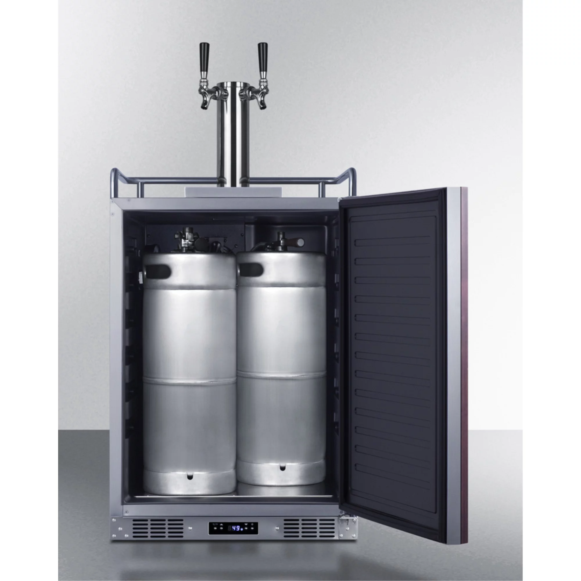 Built-in undercounter dual tap beer kegerator in complete stainless steel with panel-ready door