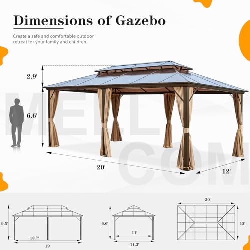 MELLCOM 10'x13' Hardtop Gazebo with Polycarbonate Double Roof, Aluminum Frame Outdoor Gazebo Permanent Pavilion with Curtains and Netting for Patio