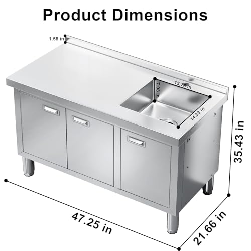 ZZV Freestanding Stainless Steel Sink with Cabinet Heavy Duty Utility Sink Commercial for Kitchen Restaurant Hotel Cafe and Outdoor