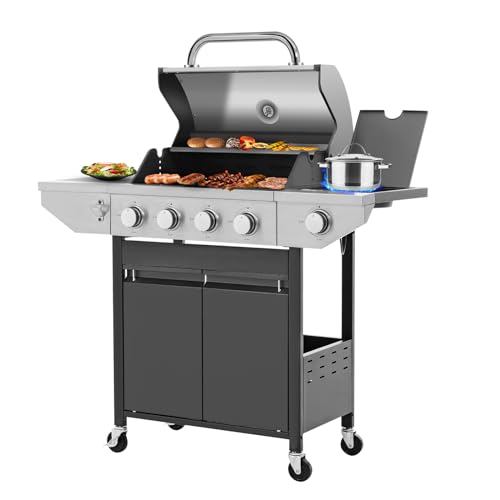 Large Propane Gas Grill with 4-Burners and Side Burner,Outdoor BBQ Grill Griddle with Porcelain-Enameled Cast Iron Grates