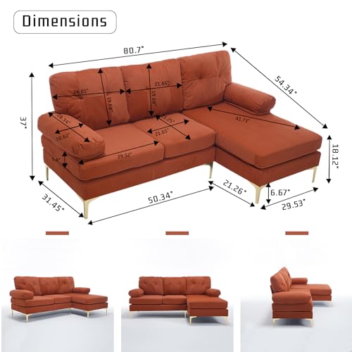 80.7'' Sectional Sleeper Sofa L Shaped Couch, Small Upholstered 3 Seat Sleeper Couch with Chaise