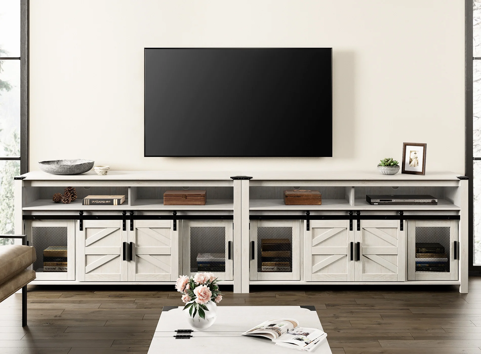 2-in-1 Farmhouse TV Stands for 100+ Inch TV, Antique White 118" Wooden Entertainment Center with Mesh and Barn Doors