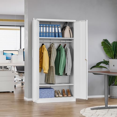 MIIIKO Steel Cabinet Wardrobe, Metal Locker Cabinet with Hanging Rod, Metal Clothing Locker Storage for Home, Office, Garage and Changing Room