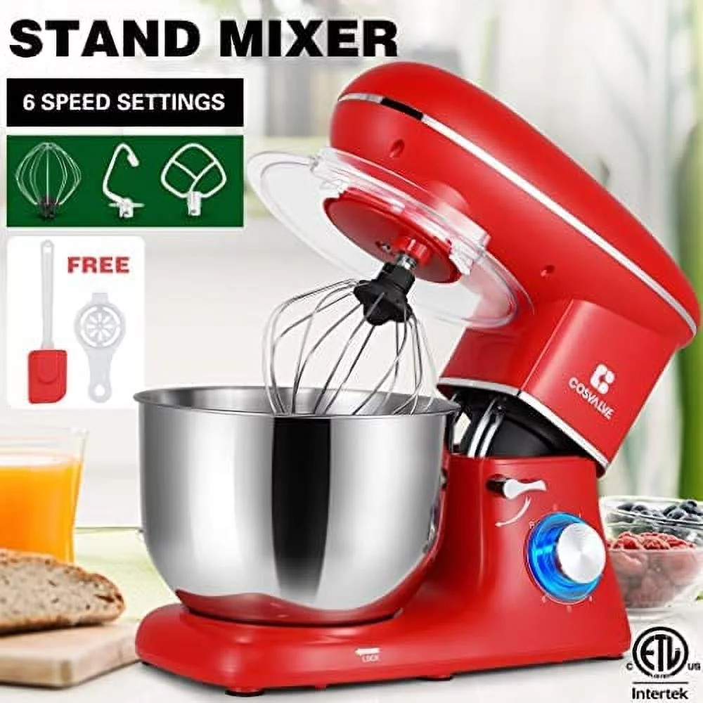 Stand Mixer, 6-Speed Electric Mixer, Tilt-Head Food Mixer with Dough Hook, Wire Whip & Beater, 6.2QT Stainless Steel Bowl, Red