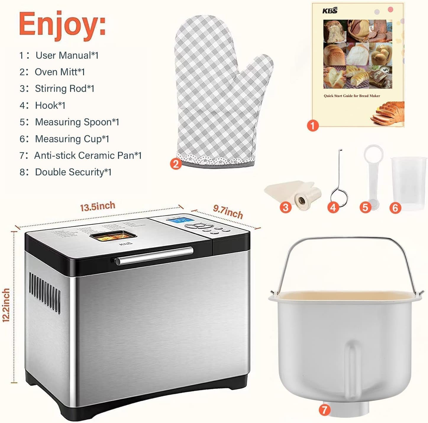 KBS 2LB Bread Maker, 19-in-1 Automatic Bread Machine Stainless Steel with Ceramic Pan,15H Timer&1H Keep Warm, Sourdough, Gluten-Free