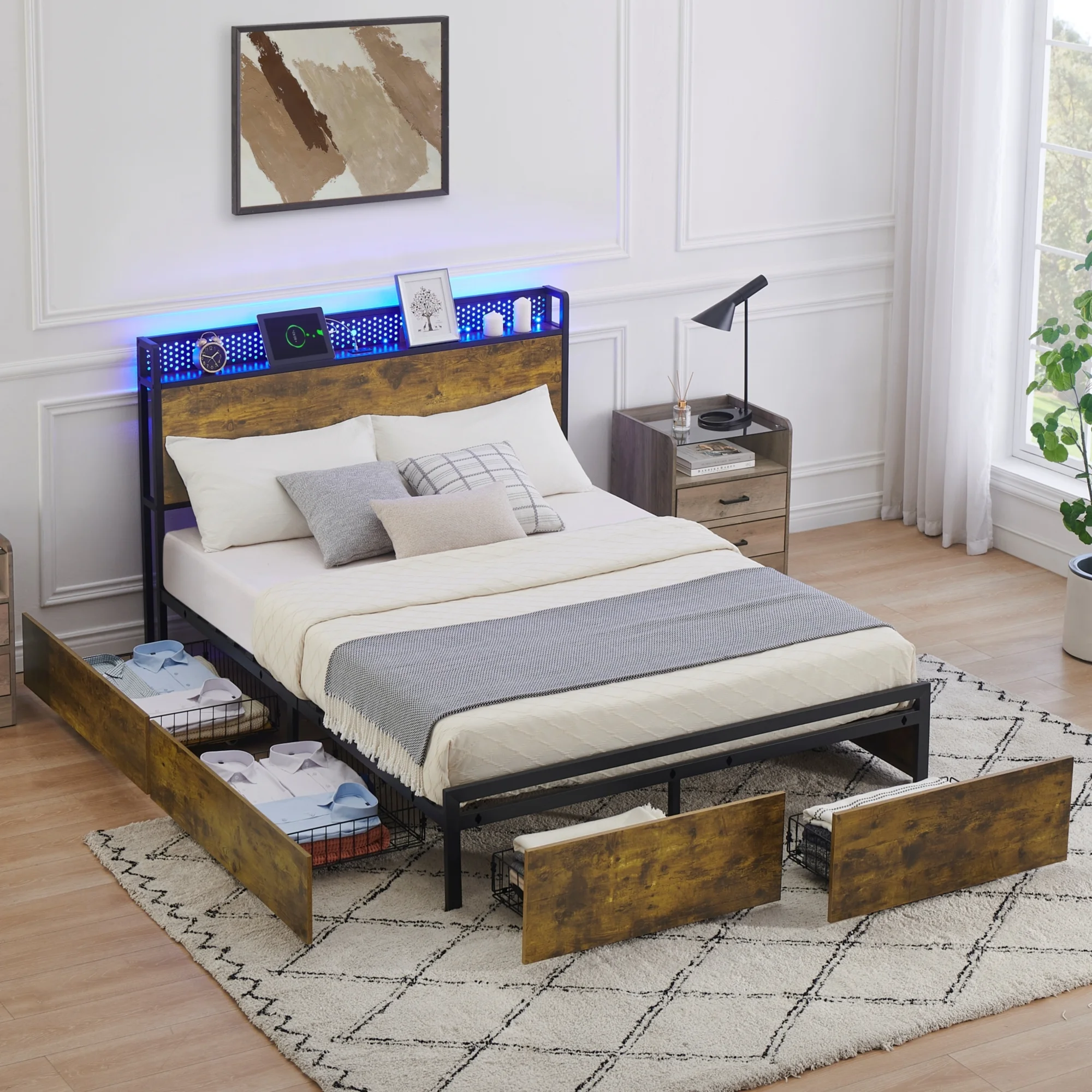 IDEALHOUSE Queen Bed Frame with Storage Headboard and 6 Drawers,LED Bed Frame with Outlets and USB Ports