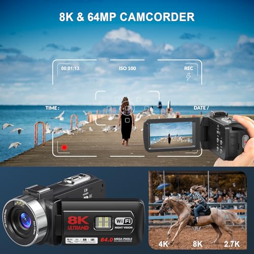 8K Video Camera Camcorder, 64MP IR Night Vision Vlogging Camera, 18X Zoom WiFi Digital Touch Screen Camcorder for YouTube with 32G SD Card
