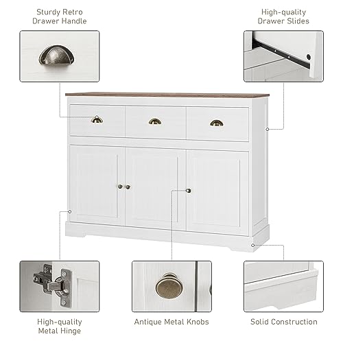 Keyluv White Buffet Cabinet Storage Sideboard Farmhouse Server Bar Wine Cabinet with 3 Drawers & 3 Doors Adjustable Shelves Console Table for Dining