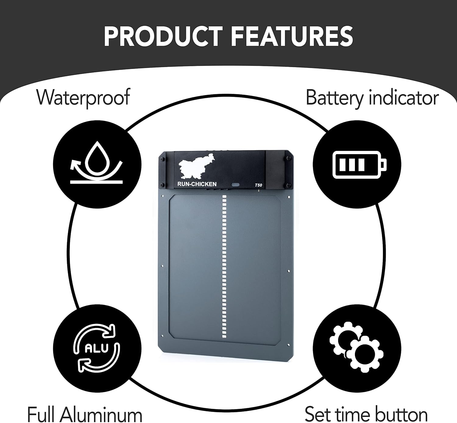 RUN-CHICKEN Door (Gray) Automatic Chicken Coop Door, Programmable with App, Battery Operated, Evening and Morning Delay, Aluminum Door