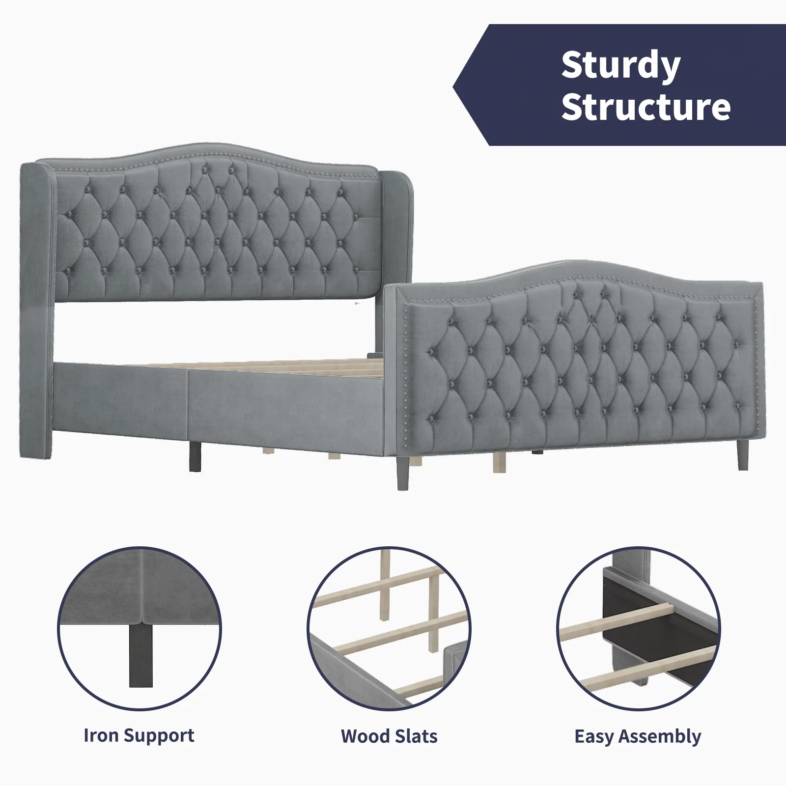 ZAFLY King Size Bed Frame with Headboard | Button Tufted Dutch Velvet Bedroom Furniture | High Upholstered Platform Bed Frame, King Size, Silver Grey