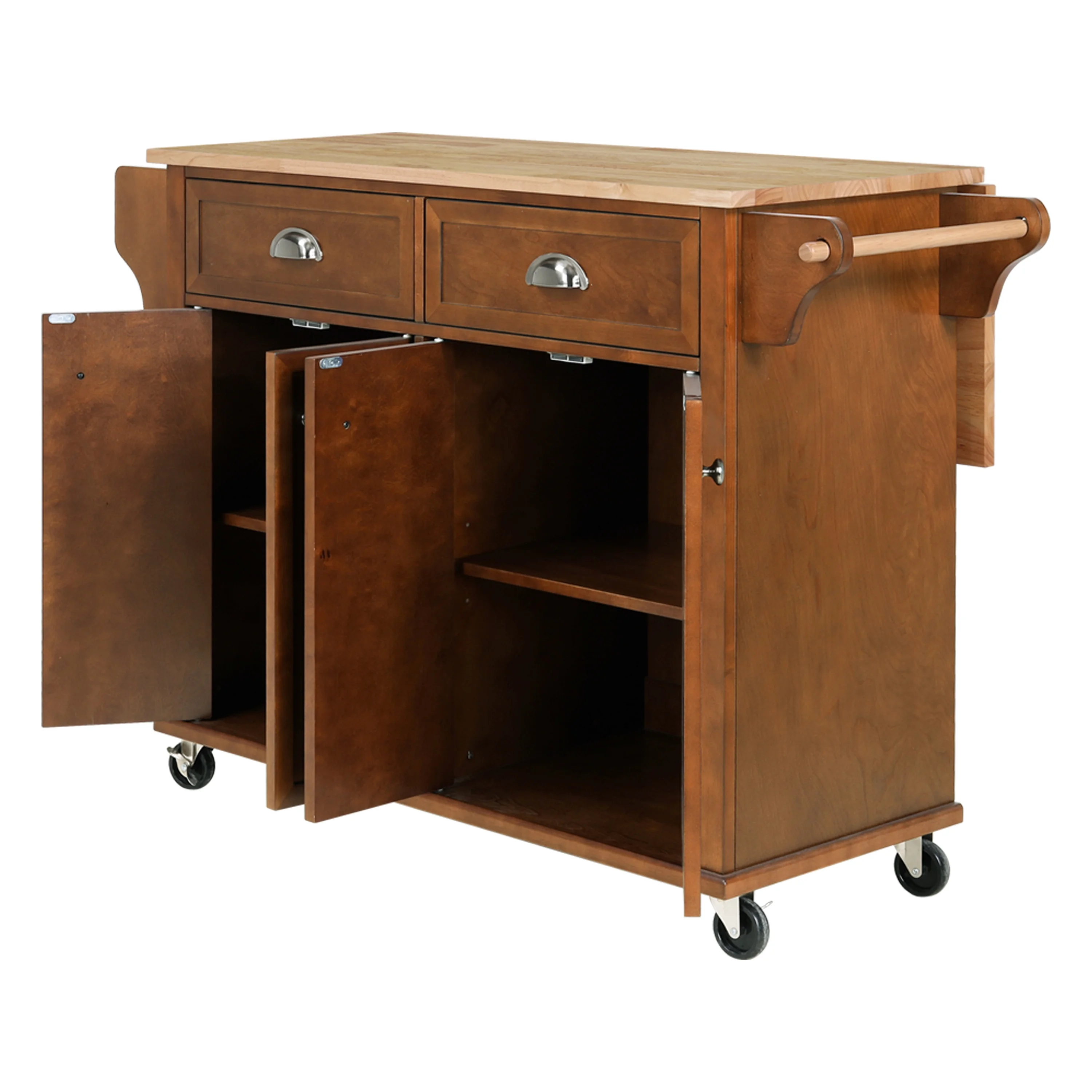 Rolling Kitchen Island Cart with Large Storage Cabinet on Wheels, Solid Rubberwood Countertop with Drop Leaf, Greenguard Gold Certified, 4-Droors