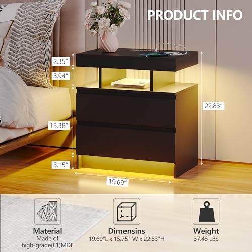 dnbss Nightstand with Wired/Wireless Charging Station, Auto LED Lighting Bedside Tables with Drawers