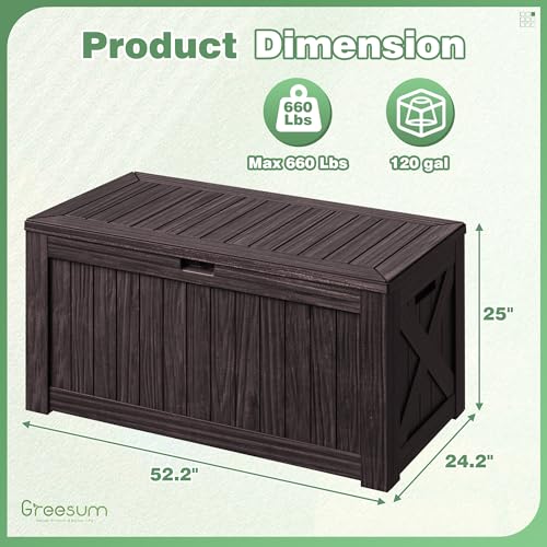 Greesum 120 Gallon Outdoor Storage Box with Lock - Large Resin Deck Box, Reinforced Lid for Garden, Patio, Lawn, Black