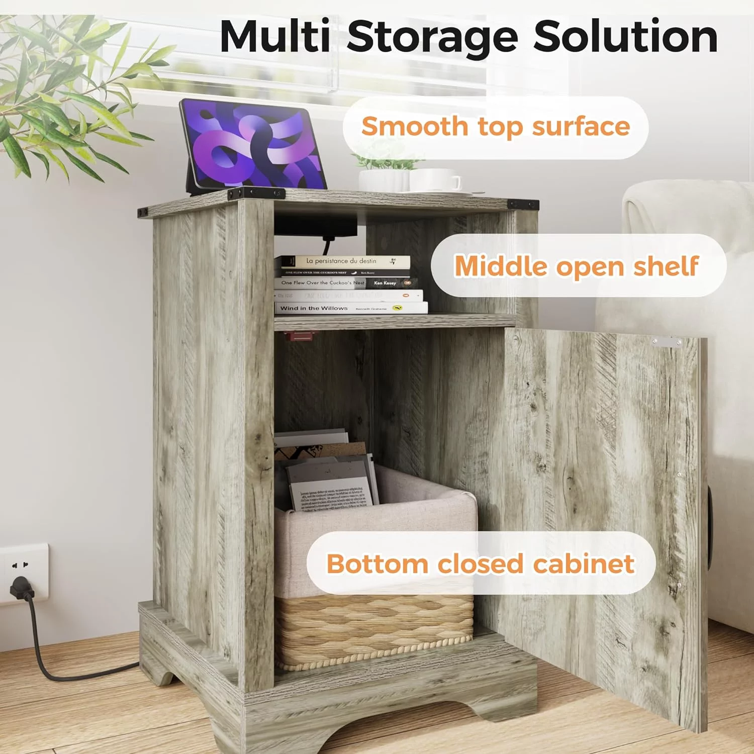 RoyalCraft Farmhouse Nightstand with Charging Station, Tall Bedside Table with X-Shaped Design