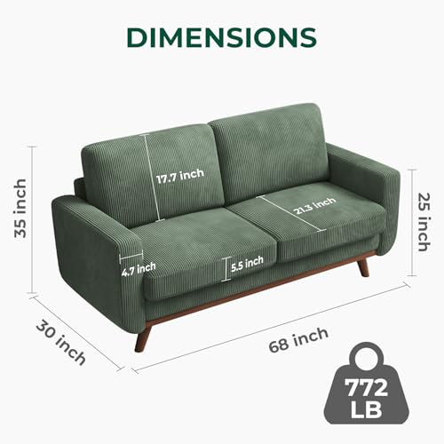 Vesgantti 68" Loveseat Sofa Green, Comfy Corduroy Couch with Spring Cushion, Sofa Couch with Solid Wood, Modern Couch with Deep Seat