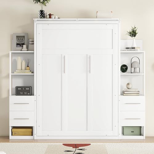 Harper & Bright Designs Full Size Murphy Bed Wall Bed with Storage Shelves, Drawers and LED Lights