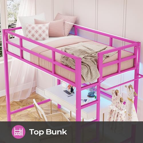 DICTAC Loft Bed Twin Size with Ladder and Guardrail,Metal Twin Loft Bed with Led Lights,Small Space Saving Furniture Design for Bedroom