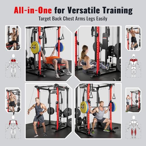 ARMAC Smith Machine, Multi-Functional Power Cage for Home Gym, 2000LBS Squat Rack with Two LAT Pull-Down Systems
