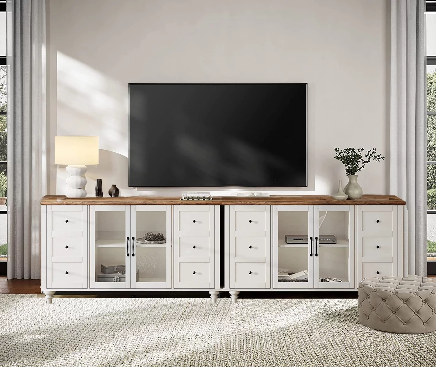 WAMPAT Glass Door Farmhouse TV Stand for TVs Up to 110 inch, Glass and Wood Universal TV Stand