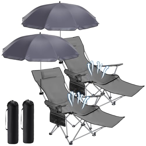 Karenhi 2 Set Beach Camping Chair with Umbrella for Adult Folding Reclining Camping Chair with Foot Rest Adjustable Clamp Canopy Shade for Outdoor