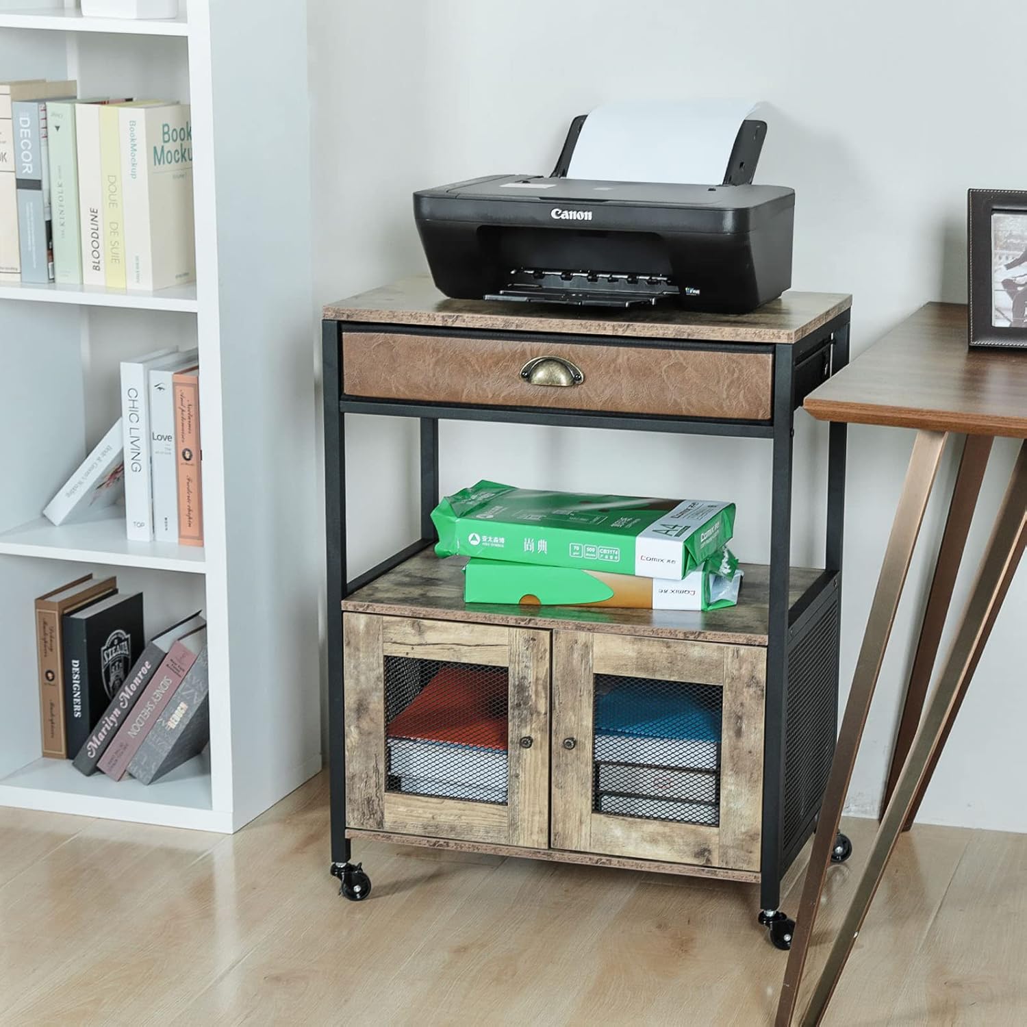 X-cosrack 28 Inch Mobile Printer Stand with Storage, Large End Table with Drawer and Storage Cabinet Printer Table with Wheels