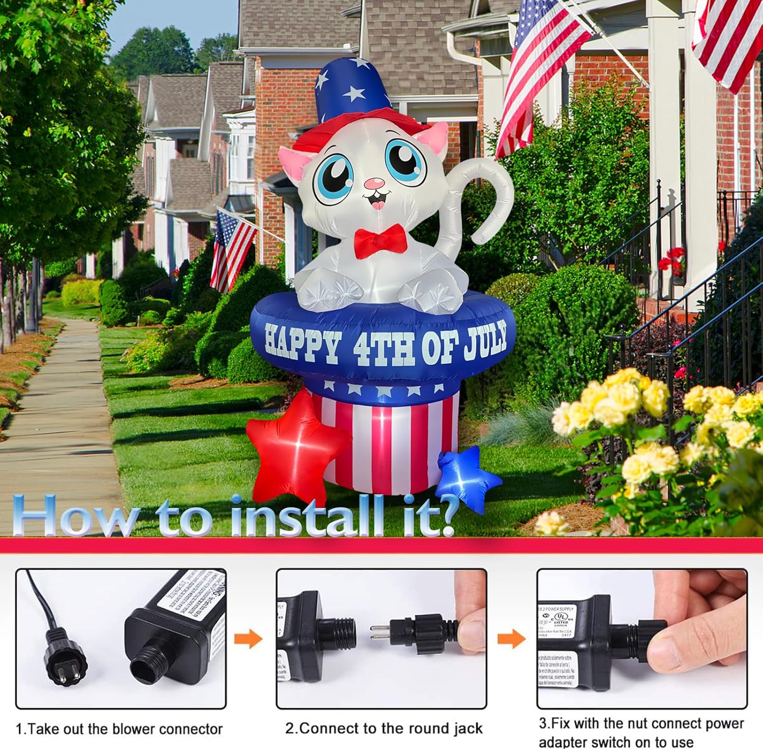 5 FT Patriotic Inflatable Cat 4th of July Inflatables Outdoor Decorations Build-in LED Lights Memorial Day Inflatables Fourth of July Decor for Party