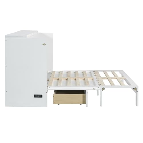 Harper & Bright Designs Queen Size Murphy Bed Cabinet Wall Bed Chest with USB, Charging Station and Large Storage Drawer for Home Office (White)
