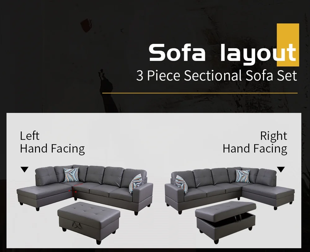 Cazenovia 103.50" Wide Dark Grey F09516B Faux Leather Sectional with Ottoman Right Hand Facing