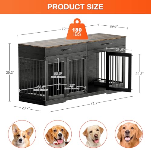 Rophefx 72" Dog Crate Furniture for 2 Dogs, Large Double Dog Kennel Indoor Furniture with 2 Storage Drawers and Removable Divider