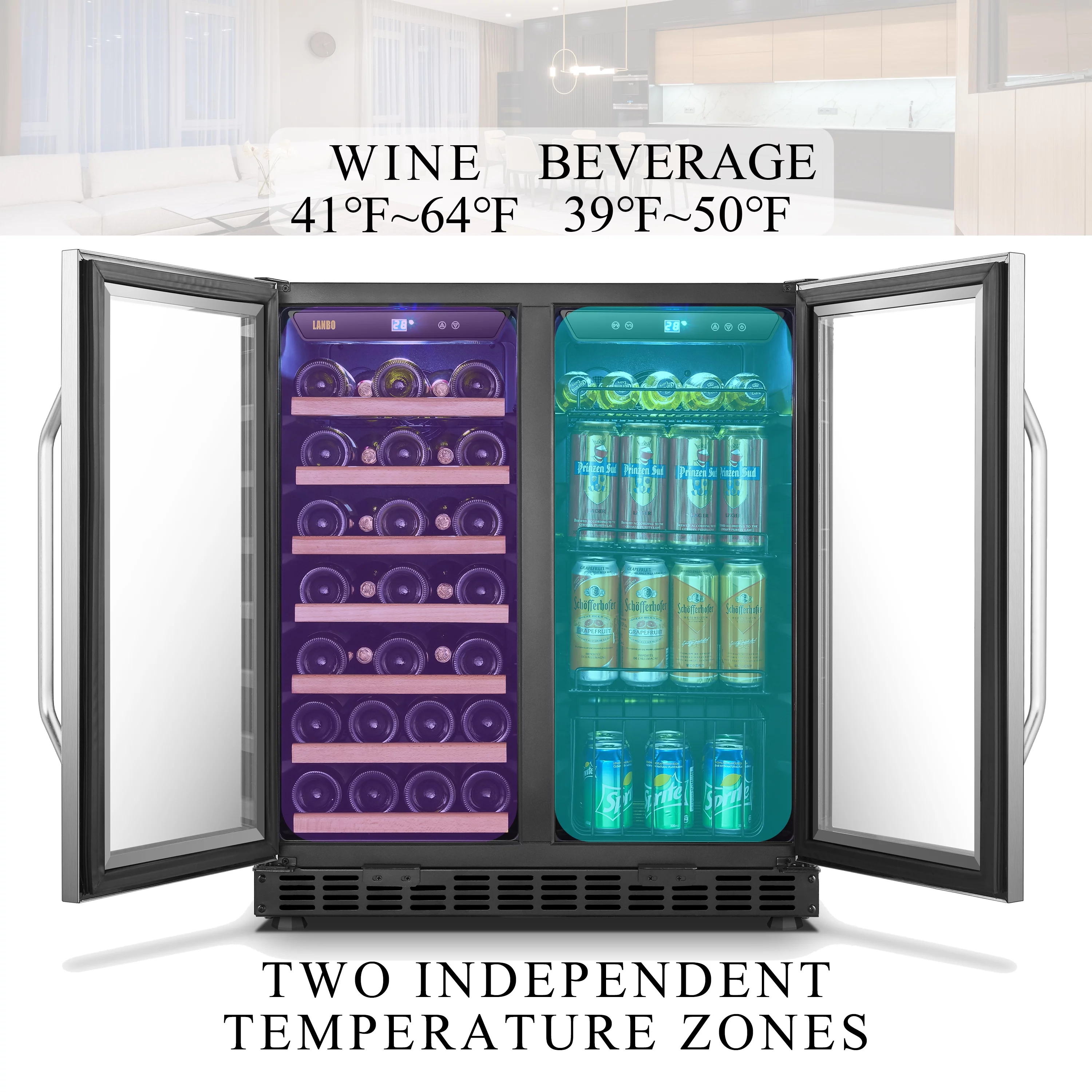 Lanbo 70 Can 33 Bottle Under Counter Dual Zone Wine Refrigerator and Beverage Cooler 30 inch Width