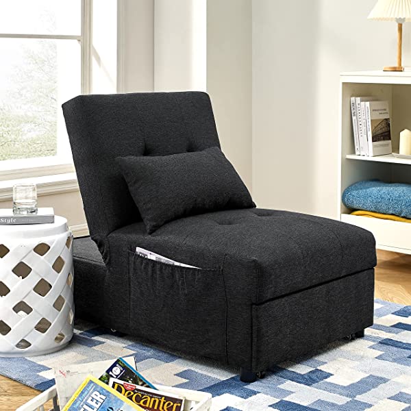 4-in-1 Sleeper Sofa Bed, HABITRIO Solid Wood Frame Polyester Upholstered Seating Couch w/A Pillow, Work As Ottoman, Single Chair