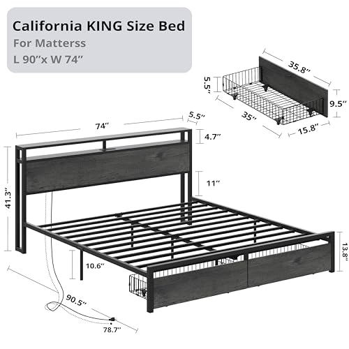 LIKIMIO King Bed Frame with Storage Headboard, Platform Bed with Drawers and Charging Station, No Box Spring Needed, Easy Assembly, Vintage Brown