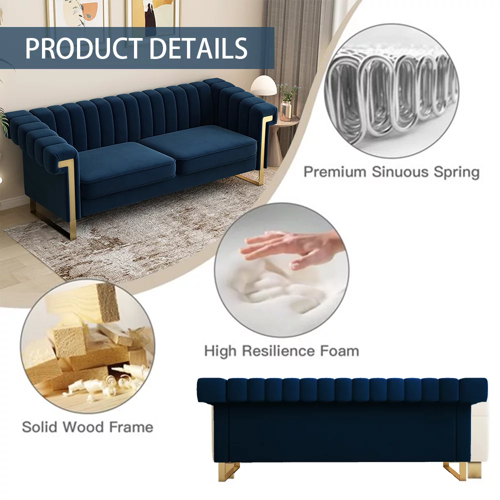 Velvet Sofa Couch, Modern Upholstered Sofa Couch, 84"L 3 Seater Sofa Couch, Mid-Century Velvet Sofa Couch for 3 with Tufted Back