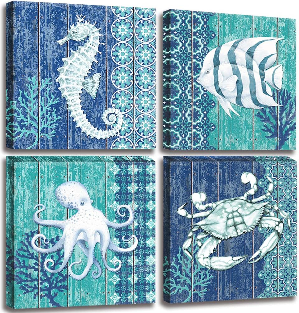 AOSHDART Ocean Life Theme Canvas Wall Art for Bathroom Decor Seahorse Octopus Crab Fish Underwater World Pictures Prints Navy Blue Painting Framed