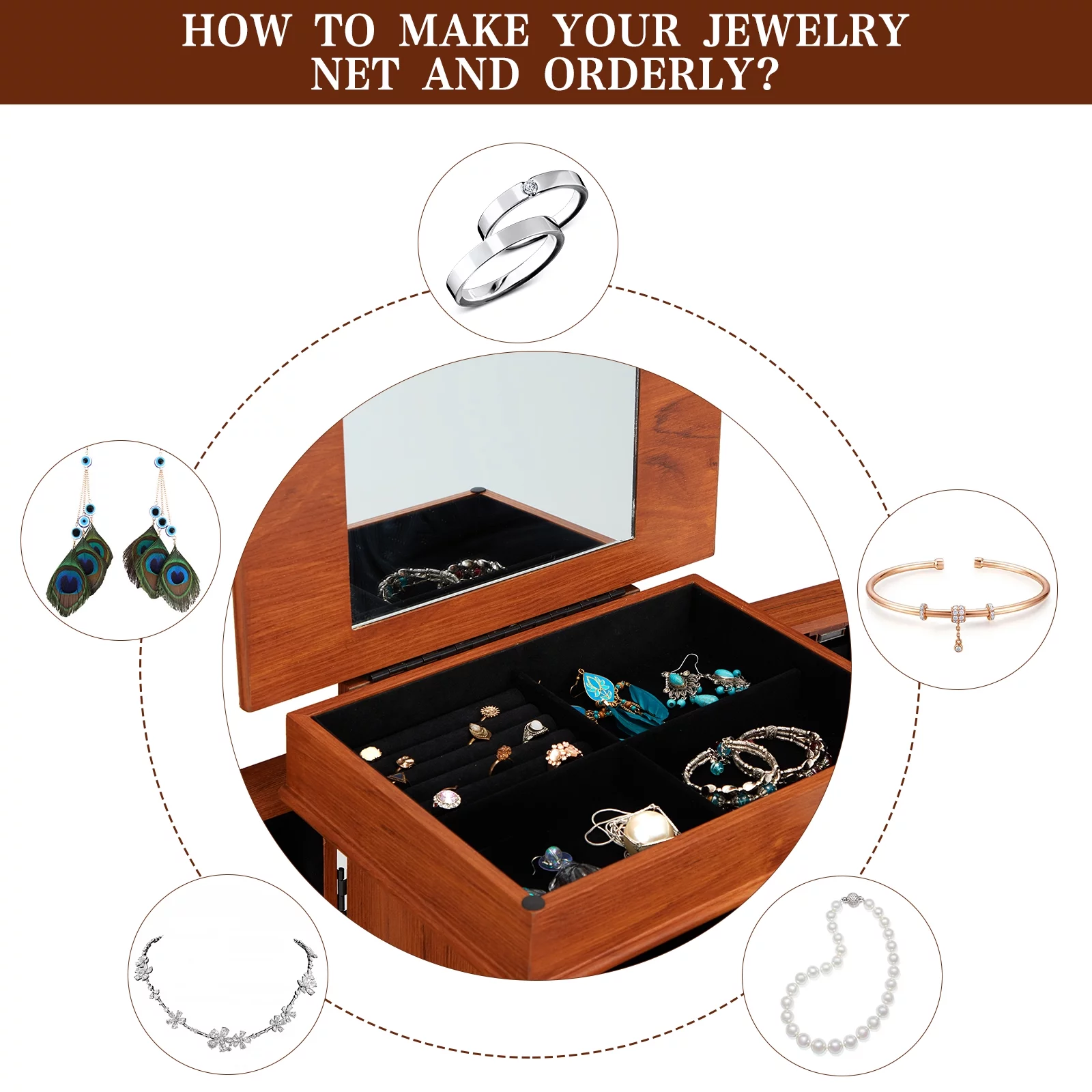 AVAWING Jewelry Cabinet Armoire & Storage Organizer 5 Drawers & 8 Necklace Hooks, Cerise
