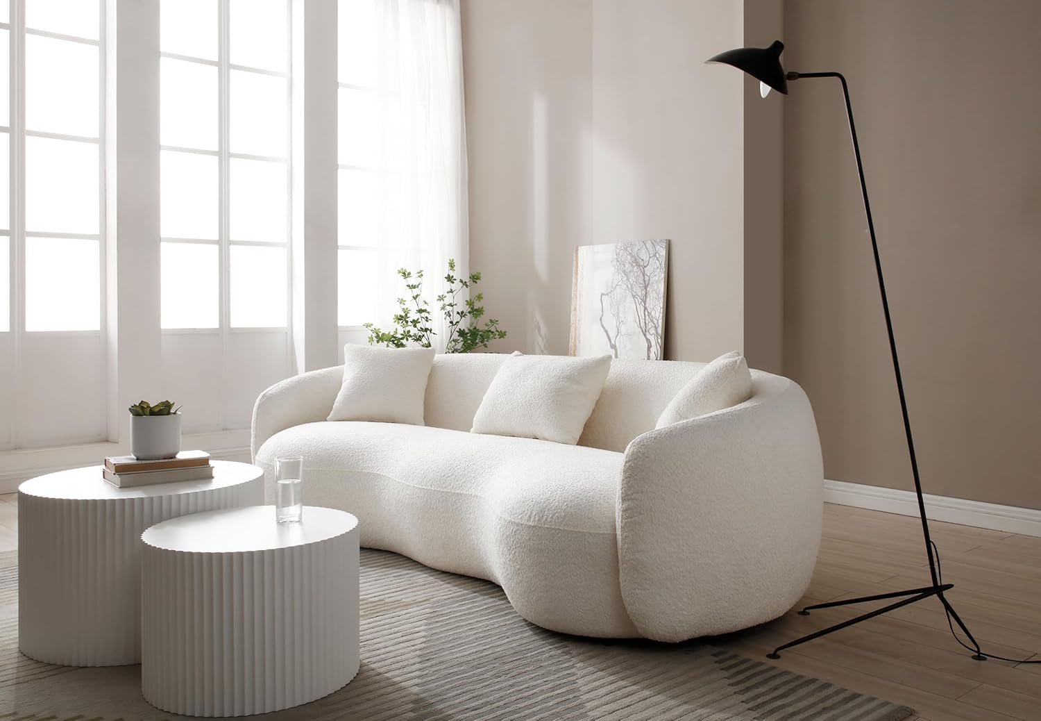 Unique Curved Sofa,Modern Boucle Upholstered Cloud Couch with 3 Throw Pillows