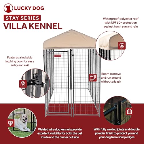 Stay Series 4 by 4 by 4.3 Feet Studio Jr. Black Powder Coat Steel Frame Outdoor Dog Kennel with Waterproof Canopy Roof and Gate Door, Khaki