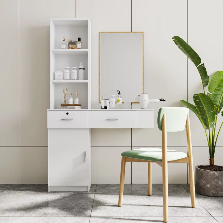 Holaki Modern Wall Mount Hair Desk Salon Station Barber Station Vanity Table Set, Dressing Table with 3 Tier Shelf