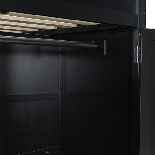Modern Full Size Gaming Loft Bed with Built-in Desk and Storage Wardrobe, Wood Loft Bed Frame with Light Strip and 2 Drawers