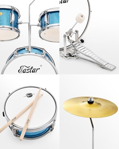 Kids Drum KIt Eastar 3-Piece for Beginners, 14 inch Drum Set with Adjustable Throne, Cymbal, Pedal & Two Pairs of Drumsticks