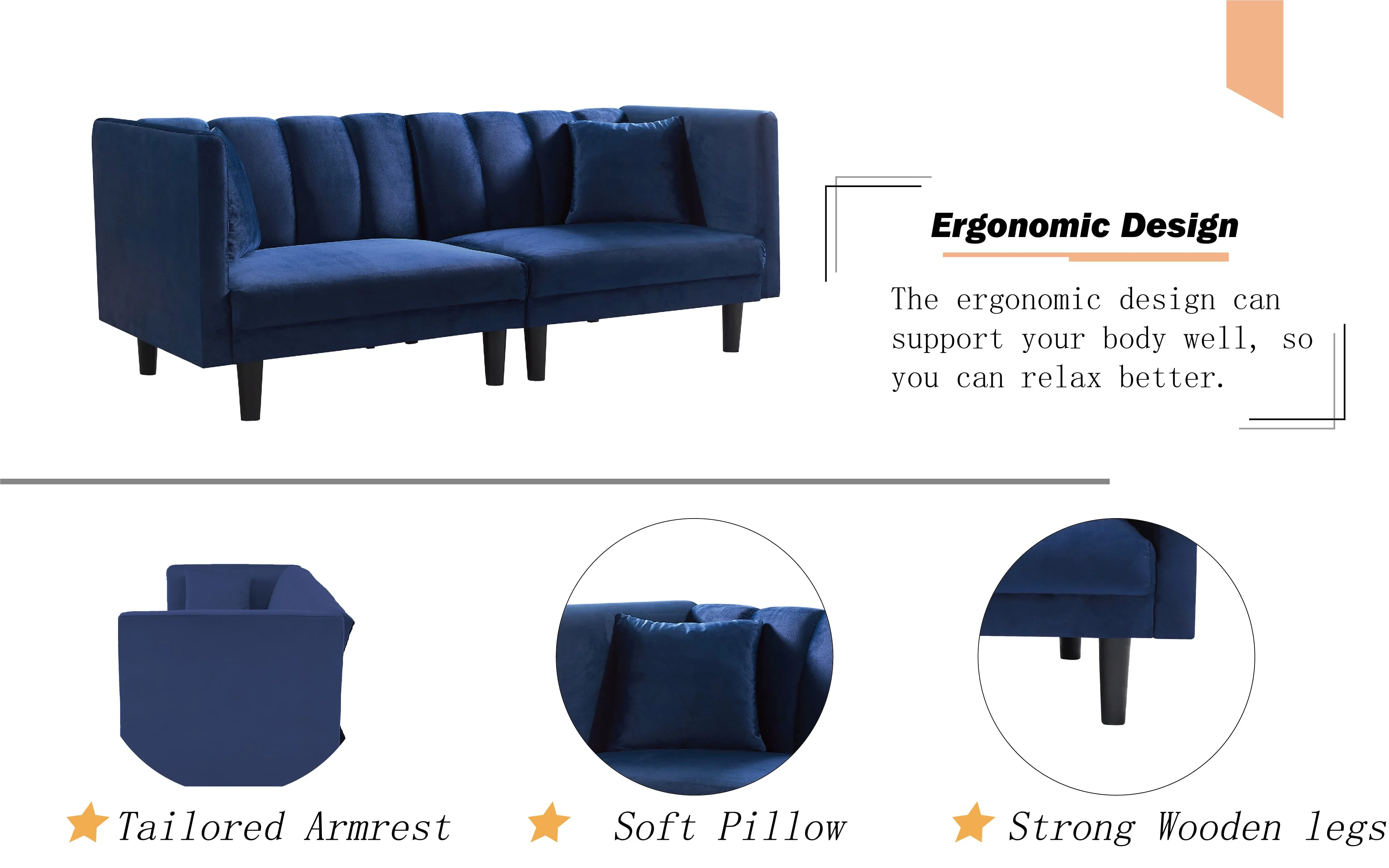 BSHTI Futon Sofa bed, Upholstered with velvet fabric, which is soft and comfortable converted into a sleeping bed