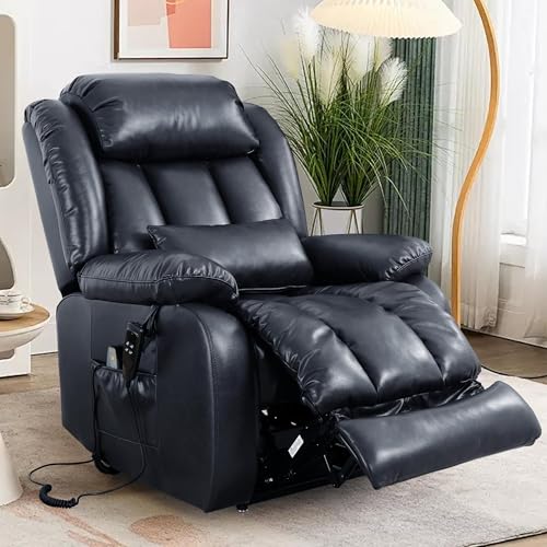 EDILLY Large Genuine Leather Power Lift Recliner Chairs for Elderly, Dual Motor with Massage and Heating,Double Lumbar Cushion and Extended Footrest
