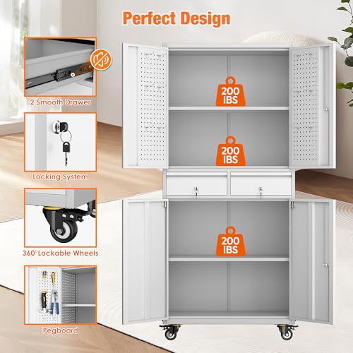 Metal Storage Cabinet with Wheels, 73" H Rolling Garage Cabinets with Locking Doors and Adjustable Shelves for Home Office, Basement, Pantry, Workshop